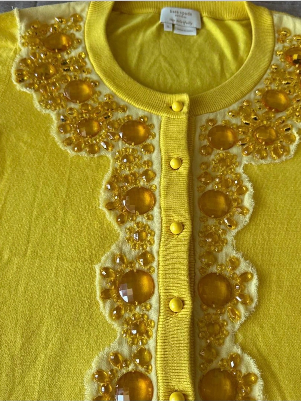 Yellow Embellished 3/4 Sleeve Crewneck Cardigan Sweater Kate Spade XS - Picture 3 of 5